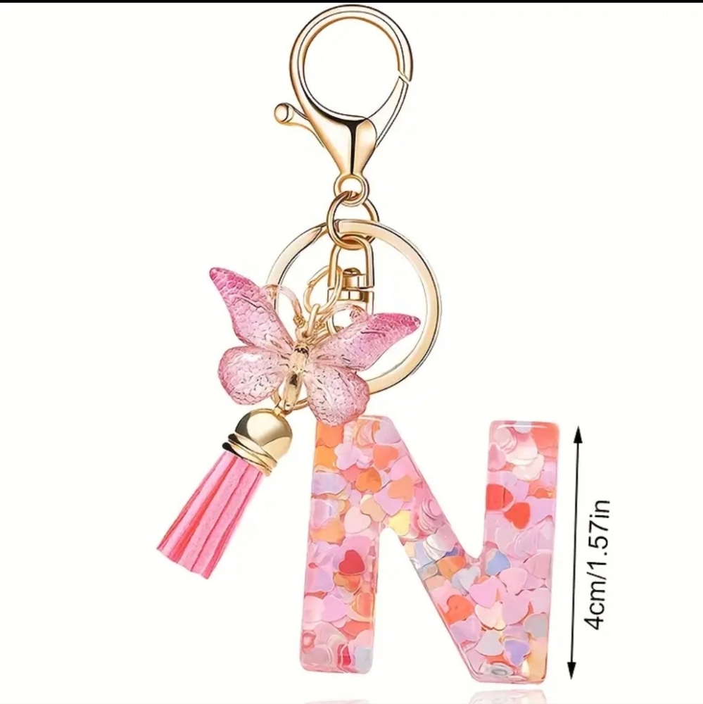 NEW! Resin Letter "N" Initial Keychain Purse Charm w/Butterfly & Tassel Alphabet